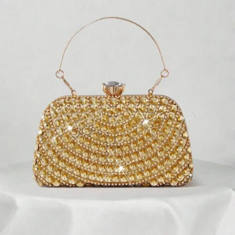 Glamorous Gold Crystal Evening Clutch with Top Handle